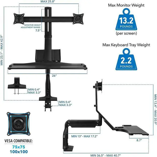 Alt view image 10 of 14 - Mount-It! Height Adjustable Sit Stand Computer Workstation | Dual Monitor Mount