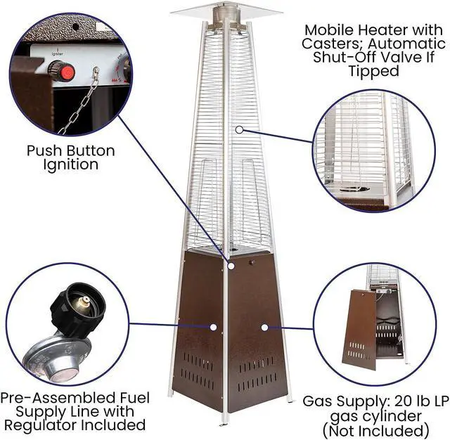 Alt view image 13 of 20 - Patio Outdoor Heating-Bronze Stainless Steel Pyramid 42,000 BTU Propane Heater with Wheels for Commercial & Residential Use