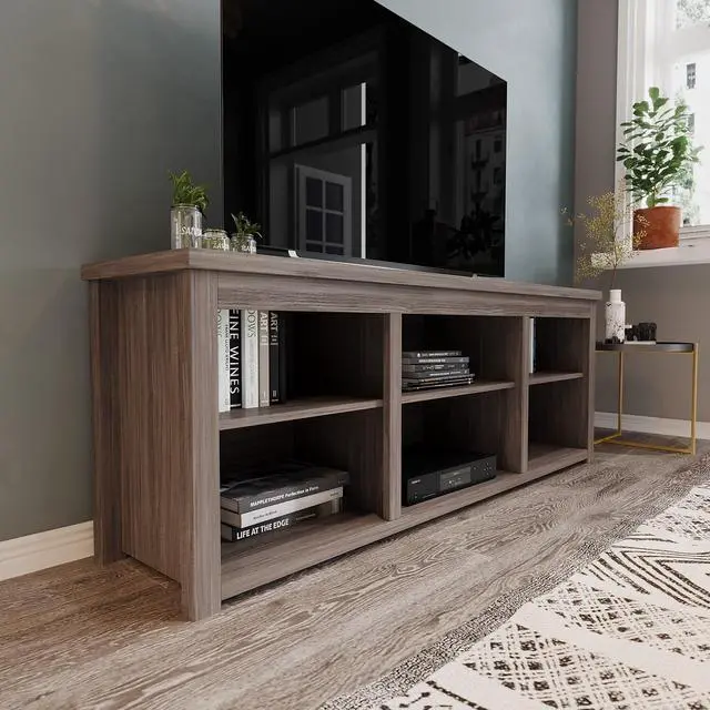 Alt view image 7 of 12 - Kilead Farmhouse TV Stand up to 80" TVs - 65" Engineered Wood Framed Media Console with Open Storage in Gray Wash Oak Finish