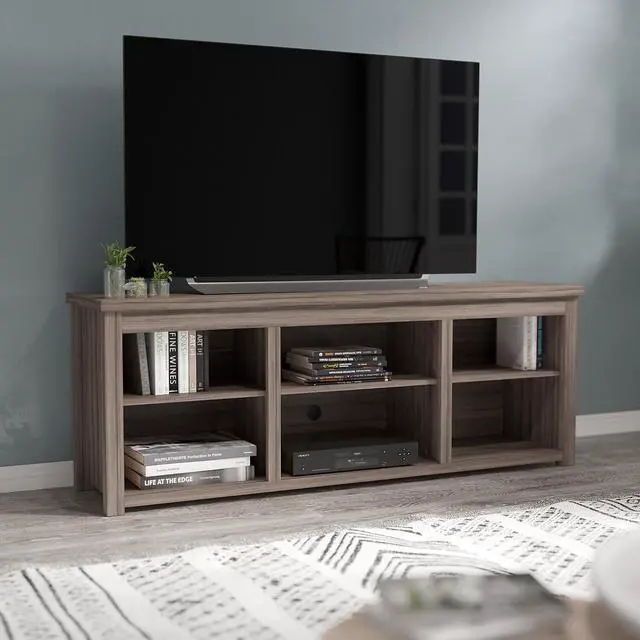 Alt view image 11 of 12 - Kilead Farmhouse TV Stand up to 80" TVs - 65" Engineered Wood Framed Media Console with Open Storage in Gray Wash Oak Finish