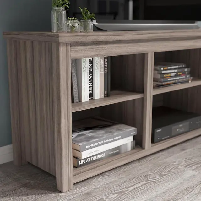 Alt view image 12 of 12 - Kilead Farmhouse TV Stand up to 80" TVs - 65" Engineered Wood Framed Media Console with Open Storage in Gray Wash Oak Finish