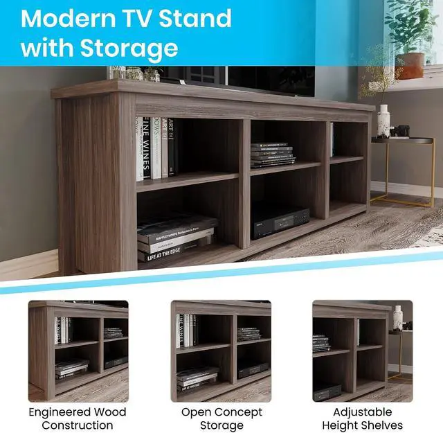 Alt view image 9 of 12 - Kilead Farmhouse TV Stand up to 80" TVs - 65" Engineered Wood Framed Media Console with Open Storage in Gray Wash Oak Finish
