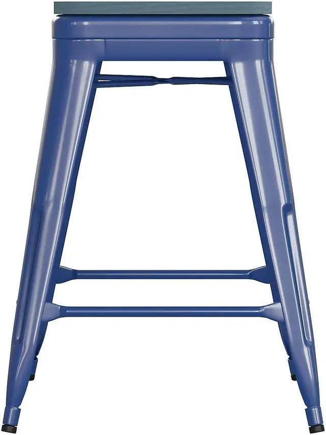 Alt view image 13 of 13 - Kai Commercial Grade 24" High Backless Blue Metal Indoor-Outdoor Counter Height Stool with Teal-Blue Poly Resin Wood Seat