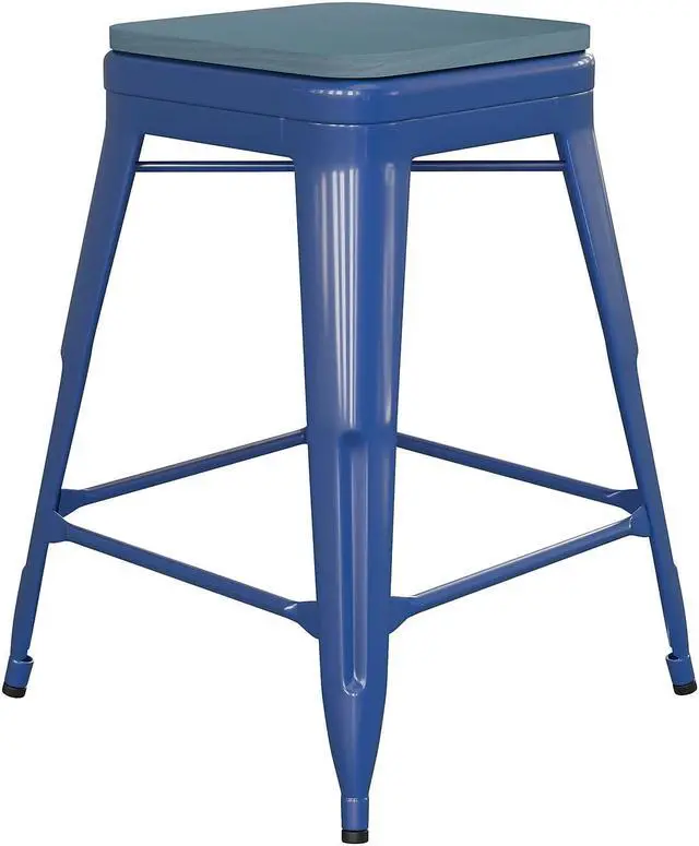 Alt view image 7 of 13 - Kai Commercial Grade 24" High Backless Blue Metal Indoor-Outdoor Counter Height Stool with Teal-Blue Poly Resin Wood Seat