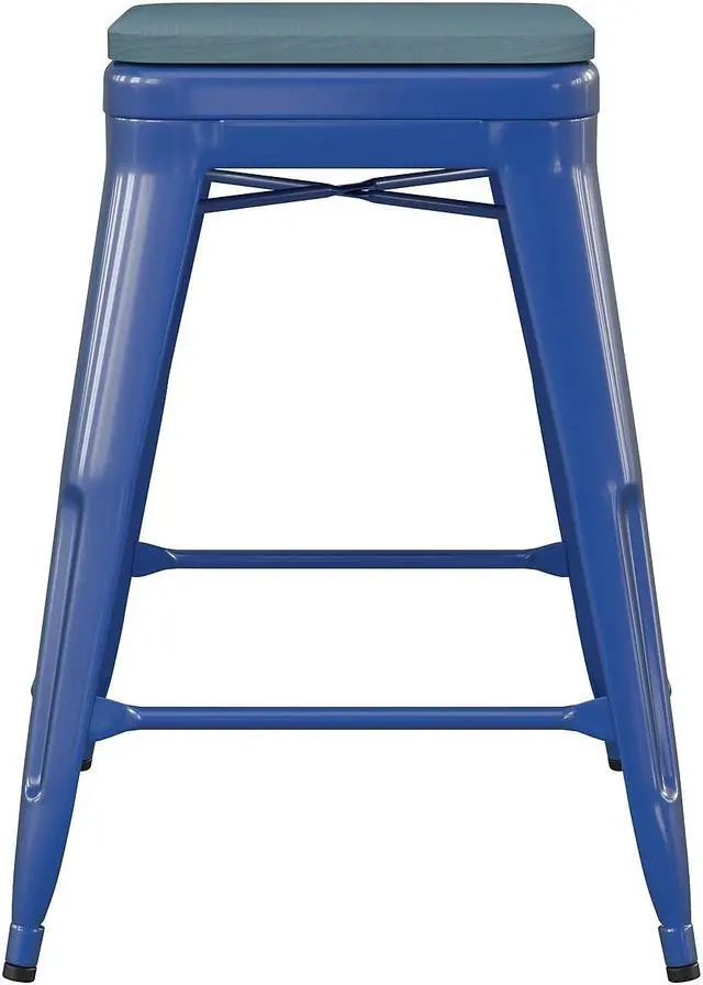 Alt view image 12 of 13 - Kai Commercial Grade 24" High Backless Blue Metal Indoor-Outdoor Counter Height Stool with Teal-Blue Poly Resin Wood Seat