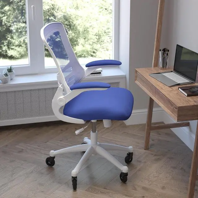 Alt view image 13 of 20 - Kelista Mid-Back Blue Mesh Swivel Ergonomic Task Office Chair with White Frame, Flip-Up Arms, and Transparent Roller Wheels