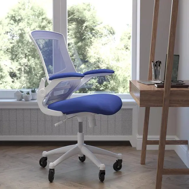 Alt view image 12 of 20 - Kelista Mid-Back Blue Mesh Swivel Ergonomic Task Office Chair with White Frame, Flip-Up Arms, and Transparent Roller Wheels