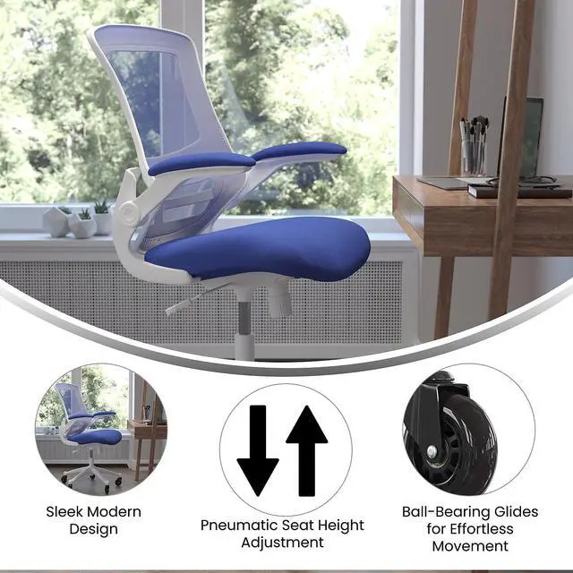 Alt view image 9 of 20 - Kelista Mid-Back Blue Mesh Swivel Ergonomic Task Office Chair with White Frame, Flip-Up Arms, and Transparent Roller Wheels