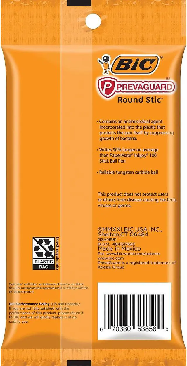 Alt view image 6 of 9 - BIC PrevaGuard Ballpoint Pen Stick Medium Blue 8/Pack GSAMP81BE