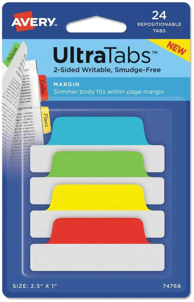 Alt view image 2 of 11 - Avery Ultra Tabs Repositionable Tabs 2.5 x 1 Primary:Green Red Yellow Blue 24/Pk 74768