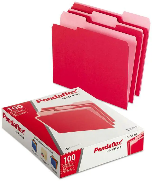 Alt view image 2 of 10 - Pendaflex Colored File Folders 1/3 Cut Top Tab Letter Red/Light Red 100/Box 15213RED