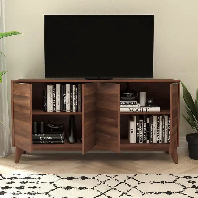 Alt view image 7 of 12 - Hatfield Mid-Century Modern 60 Inch 4 Door Storage Buffet Sideboard, 4 Soft Close Doors, Adjustable Shelves, TV Stand for up to 64" TV's, Dark Walnut