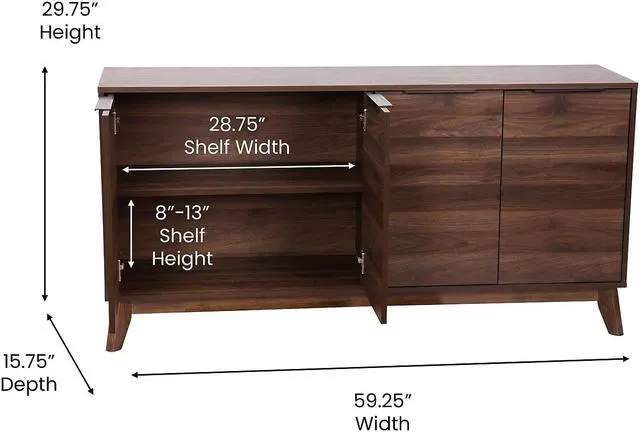 Alt view image 12 of 12 - Hatfield Mid-Century Modern 60 Inch 4 Door Storage Buffet Sideboard, 4 Soft Close Doors, Adjustable Shelves, TV Stand for up to 64" TV's, Dark Walnut