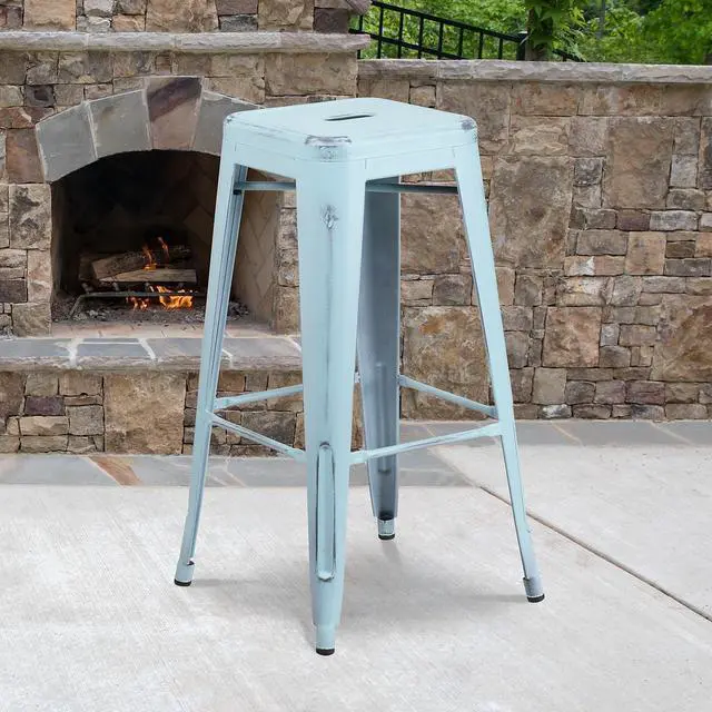 Alt view image 2 of 14 - Flash Furniture Commercial Grade 30" High Backless Distressed Green-Blue Metal Indoor-Outdoor Barstool 4 Pack (4ETBT350330DB)