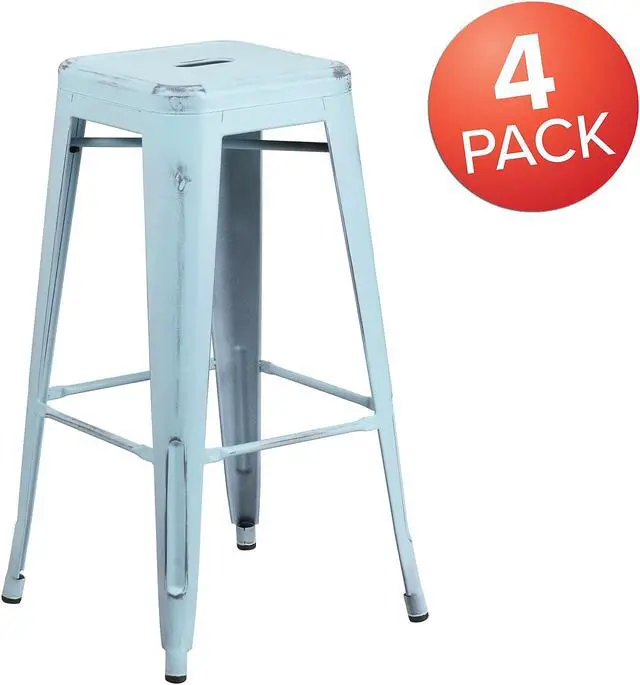 Alt view image 3 of 14 - Flash Furniture Commercial Grade 30" High Backless Distressed Green-Blue Metal Indoor-Outdoor Barstool 4 Pack (4ETBT350330DB)