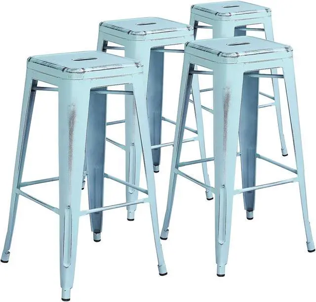 Main image of Flash Furniture Commercial Grade 30" High Backless Distressed Green-Blue Metal Indoor-Outdoor Barstool 4 Pack (4ETBT350330DB)