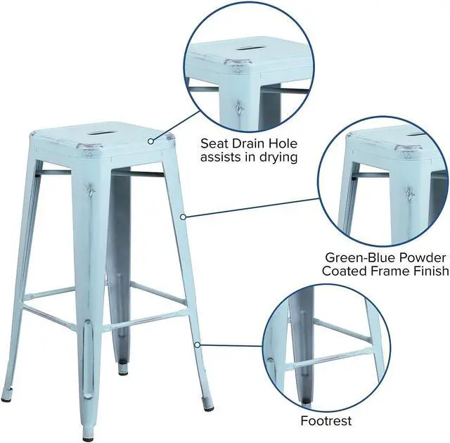 Alt view image 6 of 14 - Flash Furniture Commercial Grade 30" High Backless Distressed Green-Blue Metal Indoor-Outdoor Barstool 4 Pack (4ETBT350330DB)