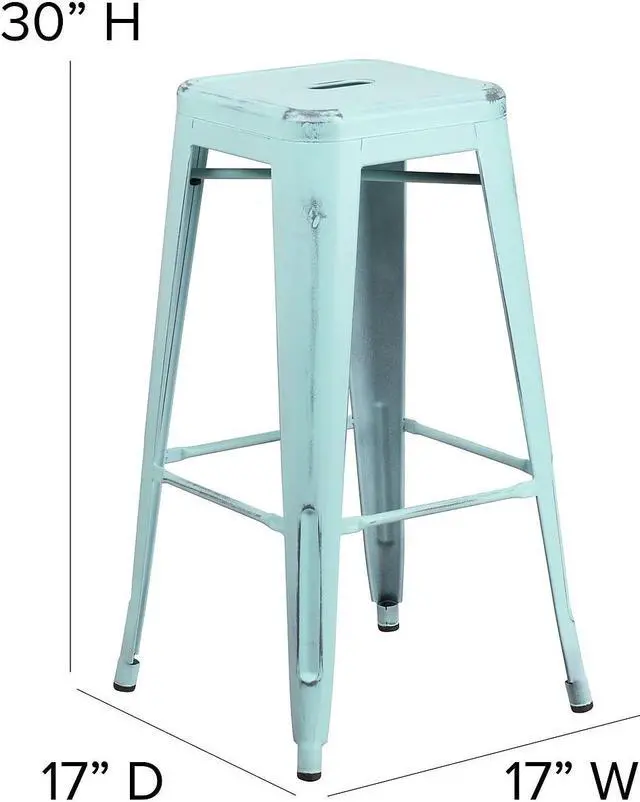 Alt view image 7 of 14 - Flash Furniture Commercial Grade 30" High Backless Distressed Green-Blue Metal Indoor-Outdoor Barstool 4 Pack (4ETBT350330DB)