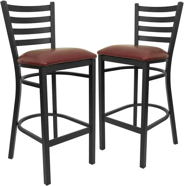 Main image of 2 Pk. HERCULES Series Black Ladder Back Metal Restaurant Barstool - Burgundy Vinyl Seat