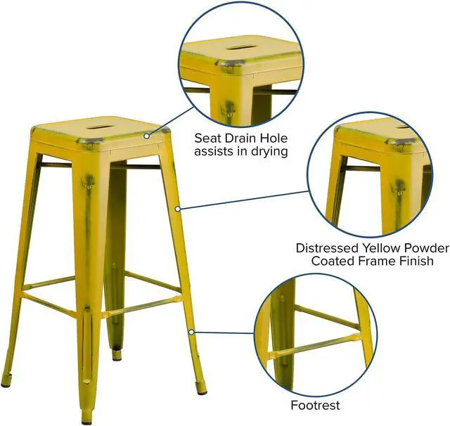 Alt view image 7 of 14 - Flash Furniture Commercial Grade 30" High Backless Distressed Yellow Metal Indoor-Outdoor Barstool 4 Pack (4ETBT350330YL)
