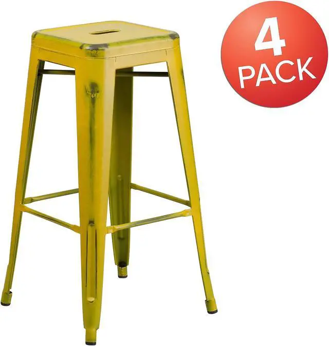 Alt view image 4 of 14 - Flash Furniture Commercial Grade 30" High Backless Distressed Yellow Metal Indoor-Outdoor Barstool 4 Pack (4ETBT350330YL)
