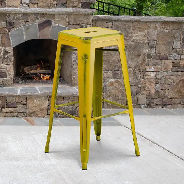 Alt view image 3 of 14 - Flash Furniture Commercial Grade 30" High Backless Distressed Yellow Metal Indoor-Outdoor Barstool 4 Pack (4ETBT350330YL)