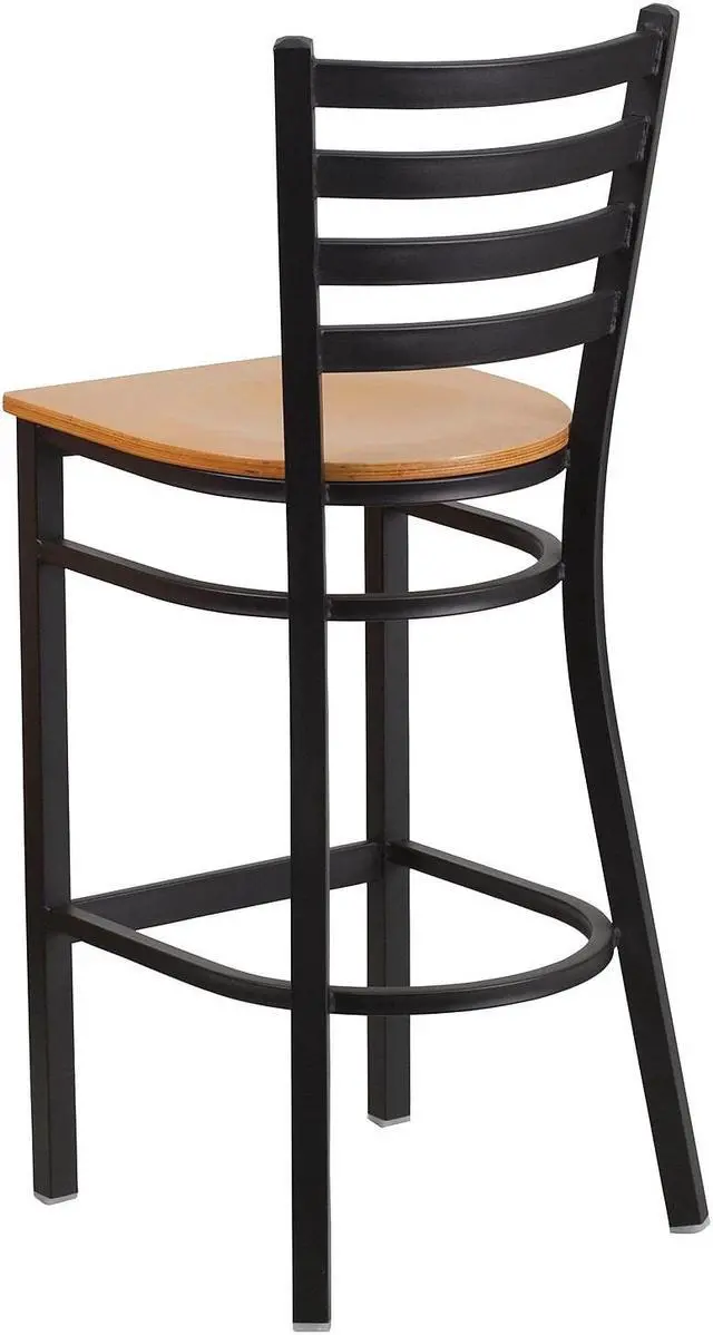 Alt view image 5 of 17 - 2 Pk. HERCULES Series Black Ladder Back Metal Restaurant Barstool - Natural Wood Seat