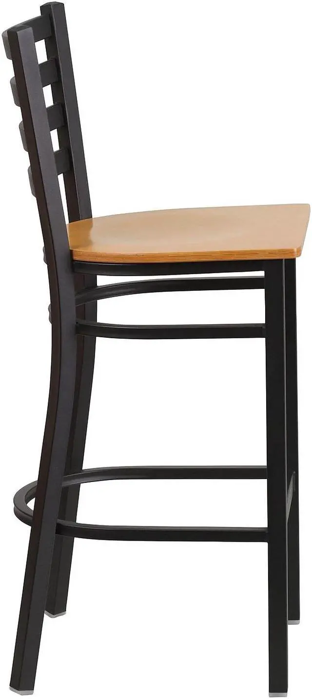 Alt view image 7 of 17 - 2 Pk. HERCULES Series Black Ladder Back Metal Restaurant Barstool - Natural Wood Seat