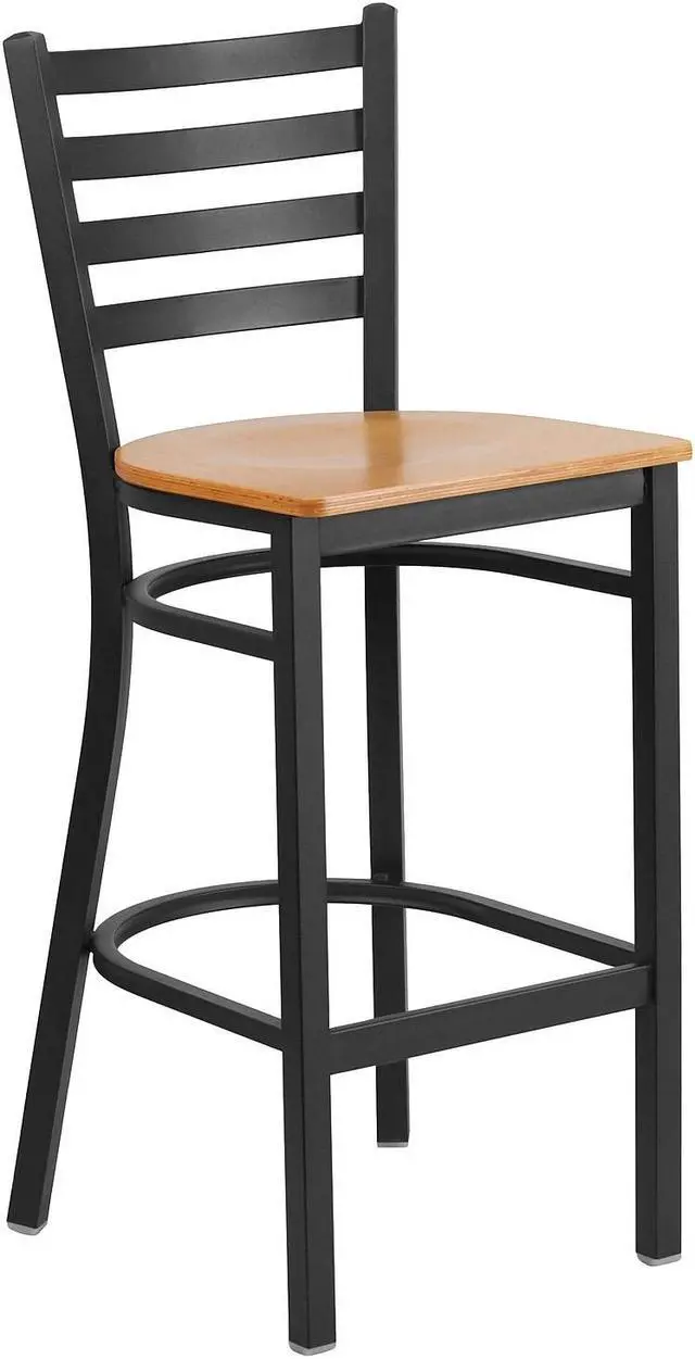 Alt view image 6 of 17 - 2 Pk. HERCULES Series Black Ladder Back Metal Restaurant Barstool - Natural Wood Seat