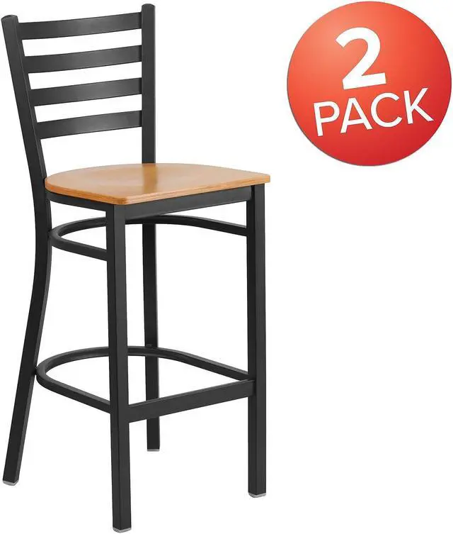 Alt view image 3 of 17 - 2 Pk. HERCULES Series Black Ladder Back Metal Restaurant Barstool - Natural Wood Seat