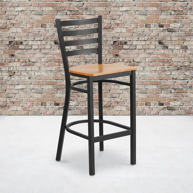 Alt view image 2 of 17 - 2 Pk. HERCULES Series Black Ladder Back Metal Restaurant Barstool - Natural Wood Seat