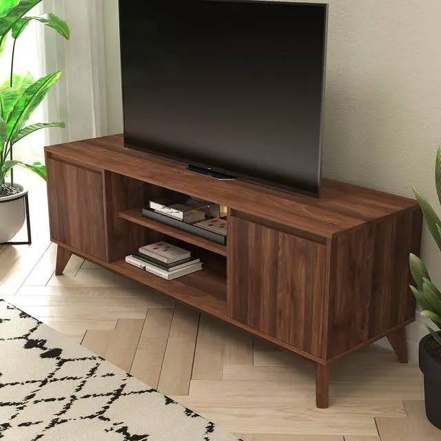 Alt view image 6 of 18 - Hatfield Mid-Century Modern TV Stand in Walnut for up to 64 inch TV's - 60 Inch Media Center with Adjustable Center Shelf and Dual Soft Close Doors