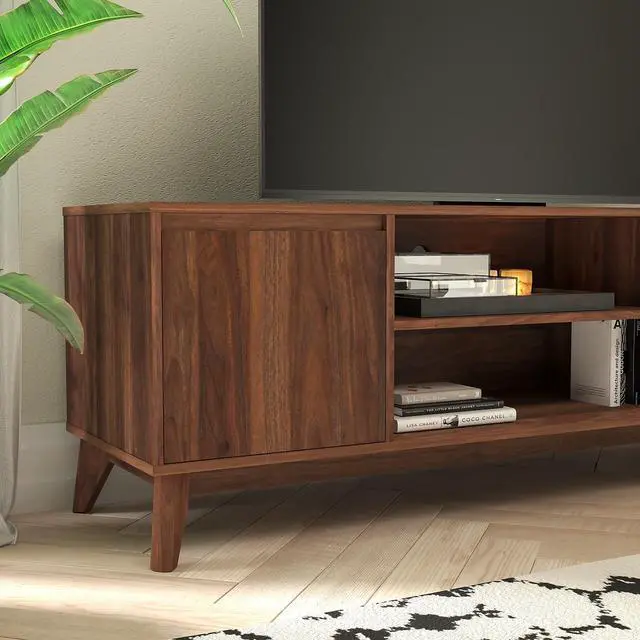 Alt view image 7 of 18 - Hatfield Mid-Century Modern TV Stand in Walnut for up to 64 inch TV's - 60 Inch Media Center with Adjustable Center Shelf and Dual Soft Close Doors