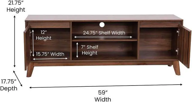Alt view image 11 of 18 - Hatfield Mid-Century Modern TV Stand in Walnut for up to 64 inch TV's - 60 Inch Media Center with Adjustable Center Shelf and Dual Soft Close Doors