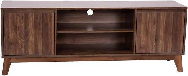Alt view image 5 of 18 - Hatfield Mid-Century Modern TV Stand in Walnut for up to 64 inch TV's - 60 Inch Media Center with Adjustable Center Shelf and Dual Soft Close Doors