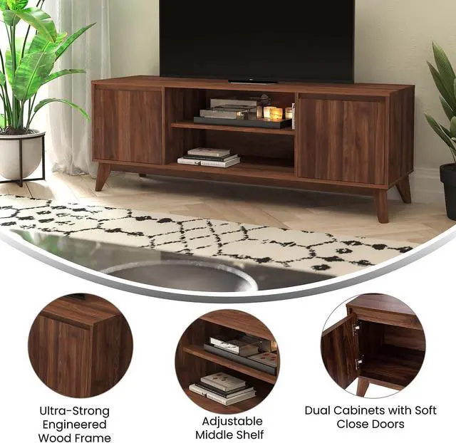 Alt view image 10 of 18 - Hatfield Mid-Century Modern TV Stand in Walnut for up to 64 inch TV's - 60 Inch Media Center with Adjustable Center Shelf and Dual Soft Close Doors