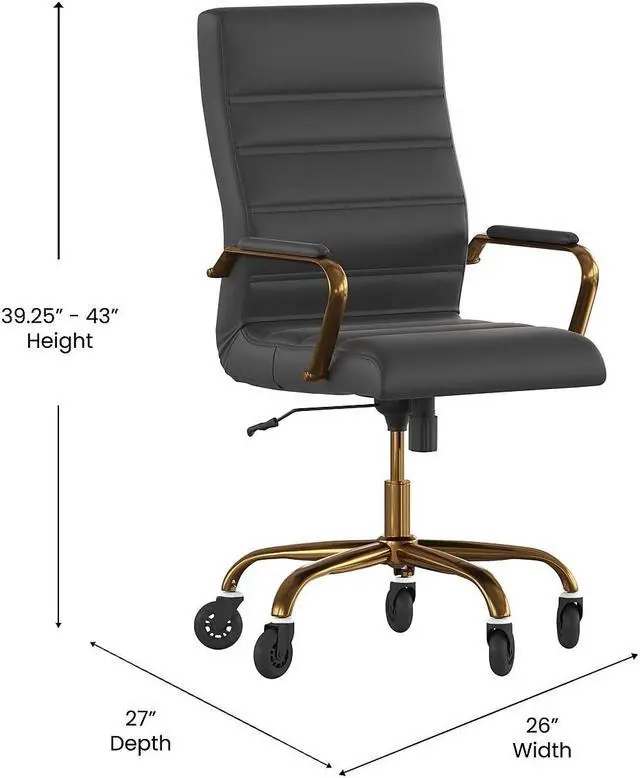 Alt view image 9 of 20 - Whitney High Back Black LeatherSoft Executive Swivel Office Chair with Gold Frame, Arms, and Transparent Roller Wheels
