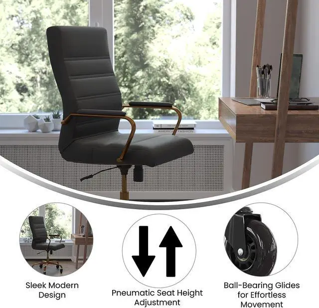 Alt view image 8 of 20 - Whitney High Back Black LeatherSoft Executive Swivel Office Chair with Gold Frame, Arms, and Transparent Roller Wheels