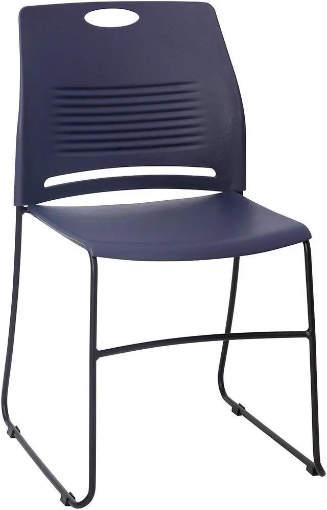 Alt view image 6 of 15 - HERCULES Series Commercial Grade 660 lb. Capacity Navy Plastic Stack Chair with Black Powder Coated Sled Base Frame and Integrated Carrying Handle