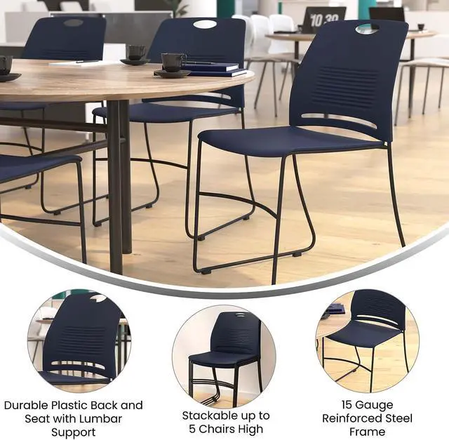 Alt view image 8 of 15 - HERCULES Series Commercial Grade 660 lb. Capacity Navy Plastic Stack Chair with Black Powder Coated Sled Base Frame and Integrated Carrying Handle
