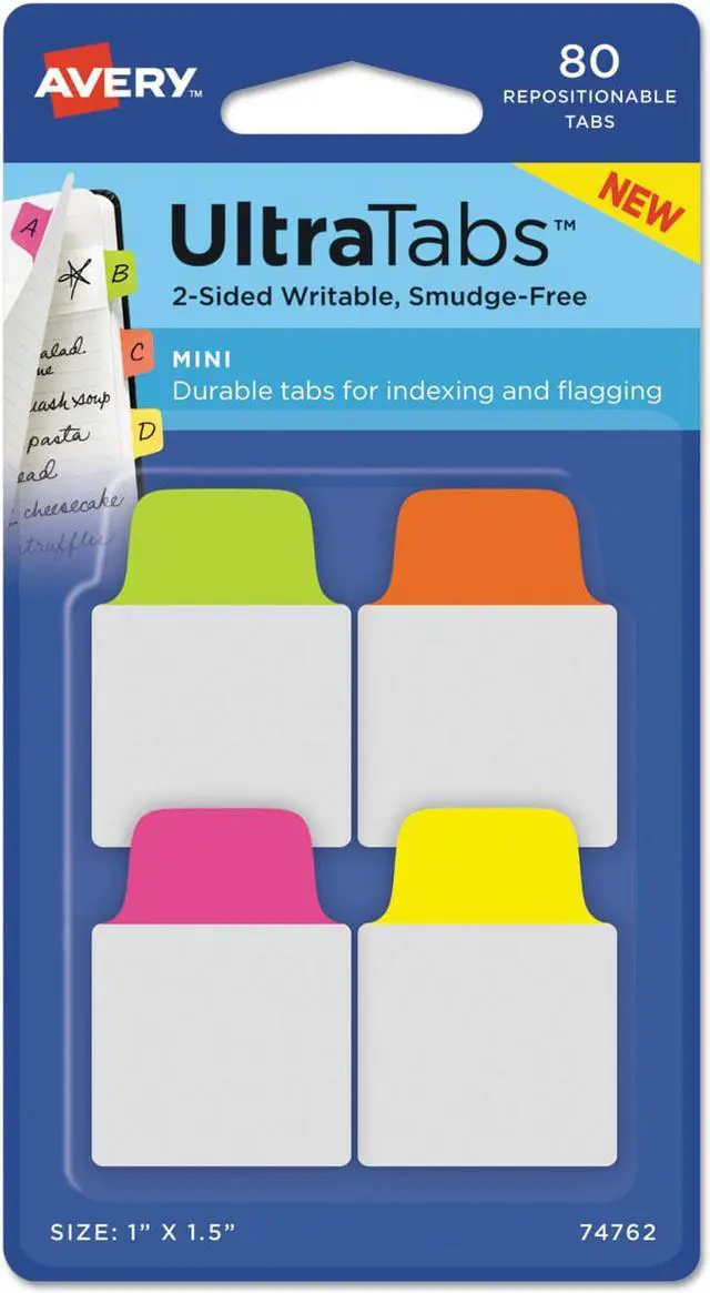 Main image of Avery Mini Ultra Tabs, 1 x 1.5, 2-Side Writable, Red/Blue/Orange, 80 Repositionable Tabs (74763)