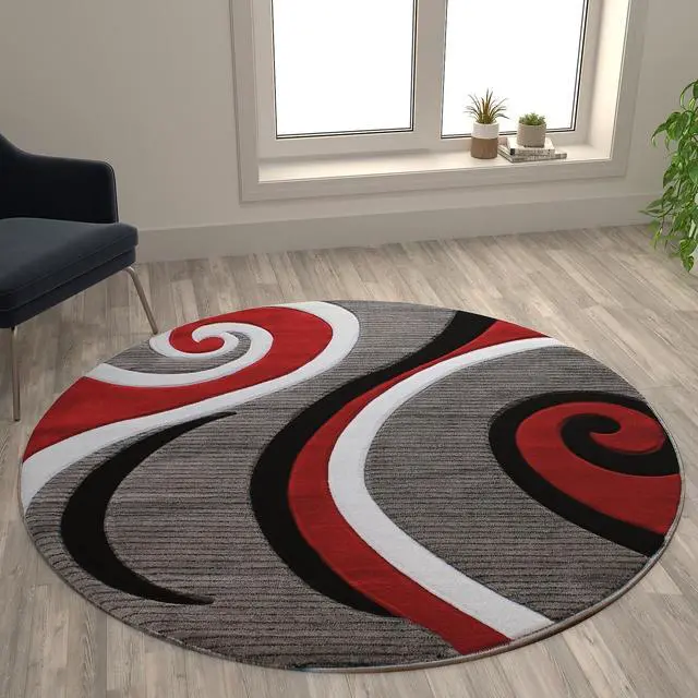 Alt view image 14 of 20 - Athos Collection 5' x 5' Red Abstract Area Rug - Olefin Rug with Jute Backing - Hallway, Entryway, or Bedroom