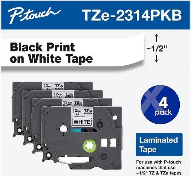 Alt view image 2 of 8 - brother genuine ptouch, tze231 4 pack tape tze2314pkb "0.47" x 26.2 ft. 8m 4pack laminated ptouch tape, black on white, perfect for indoor or outdoor use, water resistant, tze2314pk, tze231