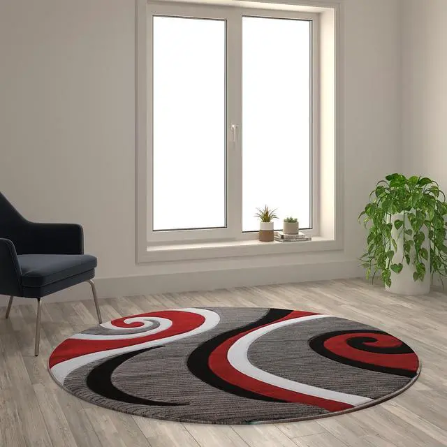 Alt view image 17 of 20 - Athos Collection 5' x 5' Red Abstract Area Rug - Olefin Rug with Jute Backing - Hallway, Entryway, or Bedroom