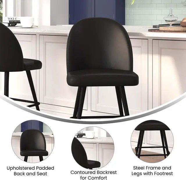 Alt view image 4 of 13 - Lyla Set of 2 Commercial High Back Modern Armless 26" Counter Stools with Contoured Backrests, Steel Frames and Footrests, Black LeatherSoft-Set of 2