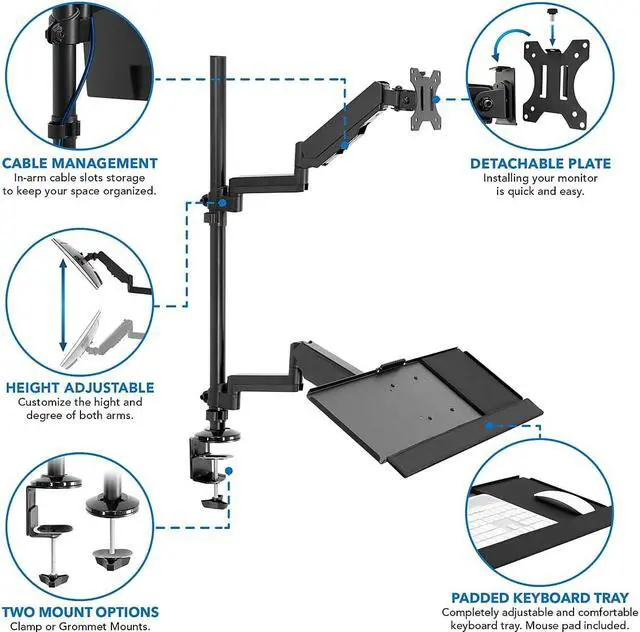 Alt view image 7 of 13 - Mount-It! Single Monitor Standing Gaming Desk Mount with Keyboard Tray | Fits Up to 32" Screens