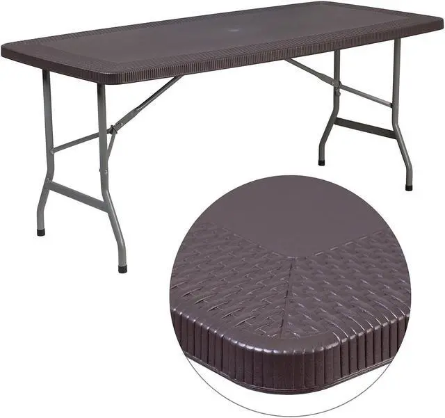 Alt view image 9 of 20 - 5.62-Foot Brown Rattan Indoor-Outdoor Plastic Folding Table