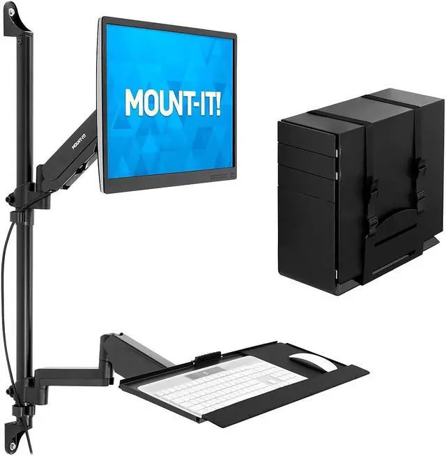 Alt view image 6 of 8 - Mount-It! Wall Mount Workstation with Single Monitor Mount, Keyboard Tray, and CPU Holder