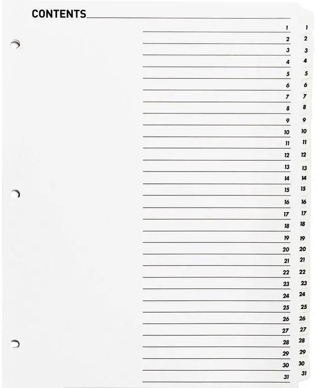 Main image of Business Source Table of Content Quick Index Dividers - Printed Tab(s) - Digit - 1-31 - 31 Tab(s)/Set - 8.5" Divider Wid