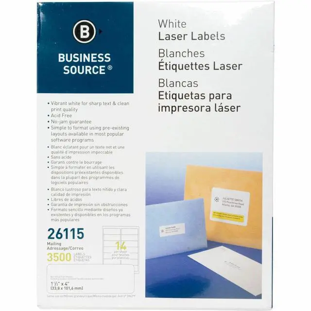 Main image of Business Source Mailing Labels Laser 1-1/3"x4" 3500/PK White 26115